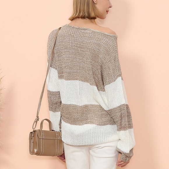 NWT Tan & White Striped Long Sleeve Sweater Top - Picture 2 of 2